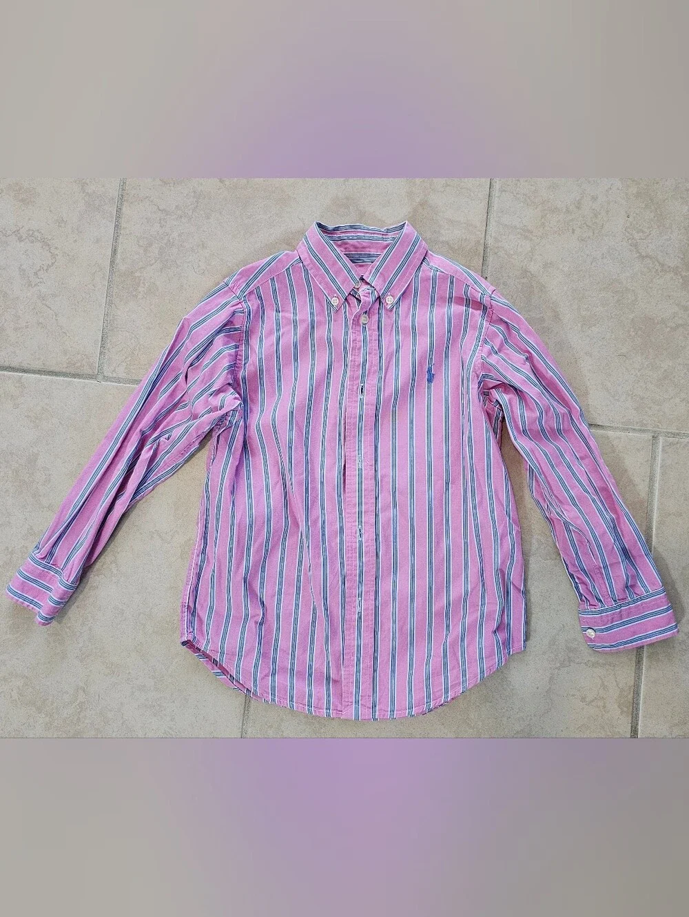 Ralph Lauren Boys Pink Navy Blue Striped Long-Sleeve Cotton Oxford Shirt Size 6